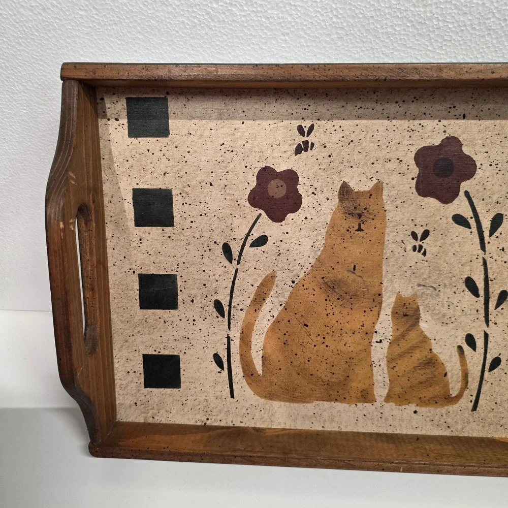 Vintage Primitive Folk Art Wooden Cat Serving Tray Farmhouse Decor Hand Painted